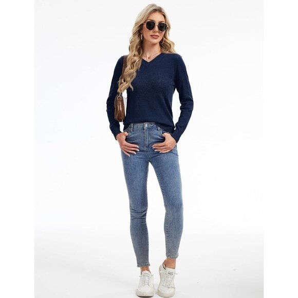 Women's Navy Blue Wool Long Sleeve Crochet Pullover V Neck Lightweight Sweater - Picture 7 of 7